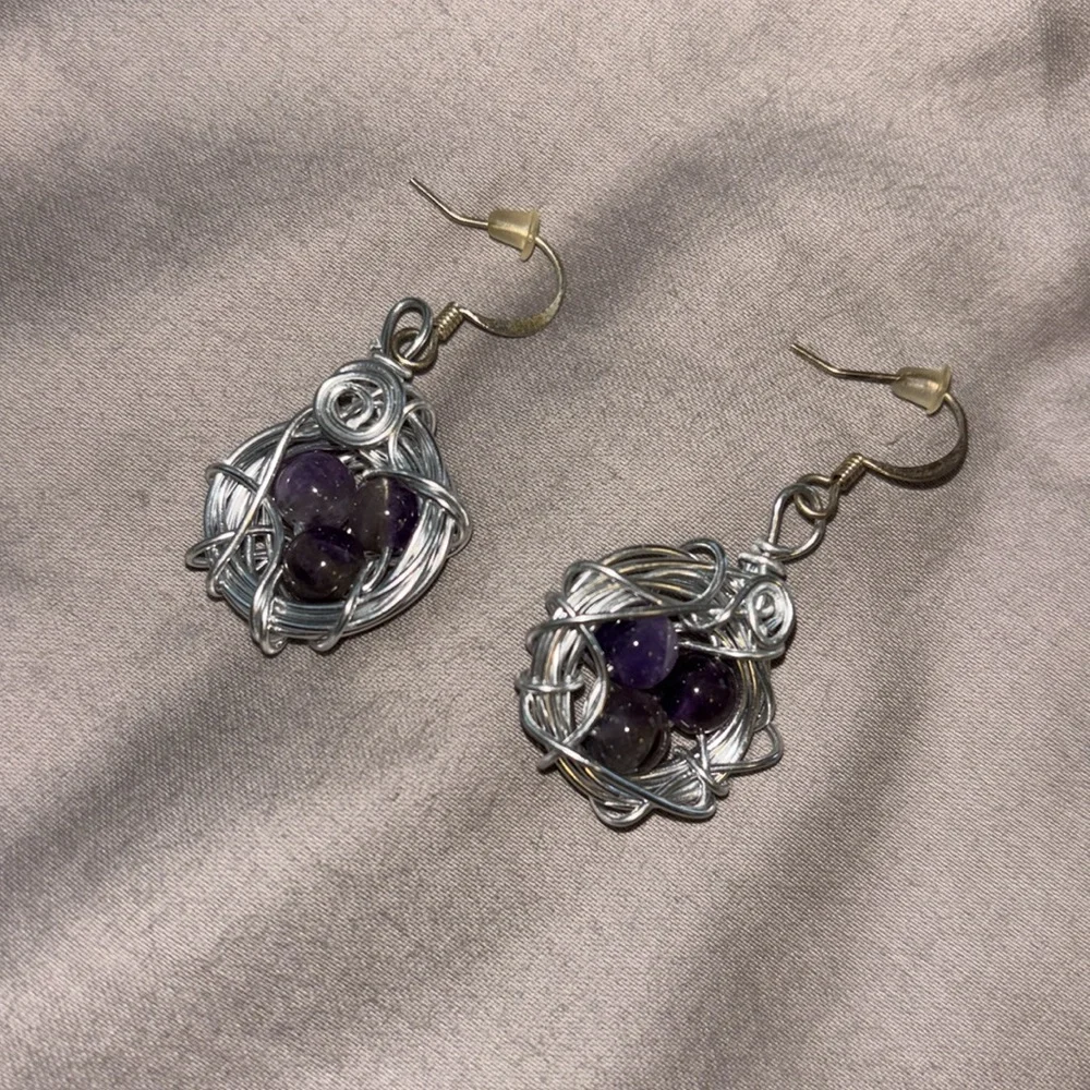 Purple triple bead wired earring